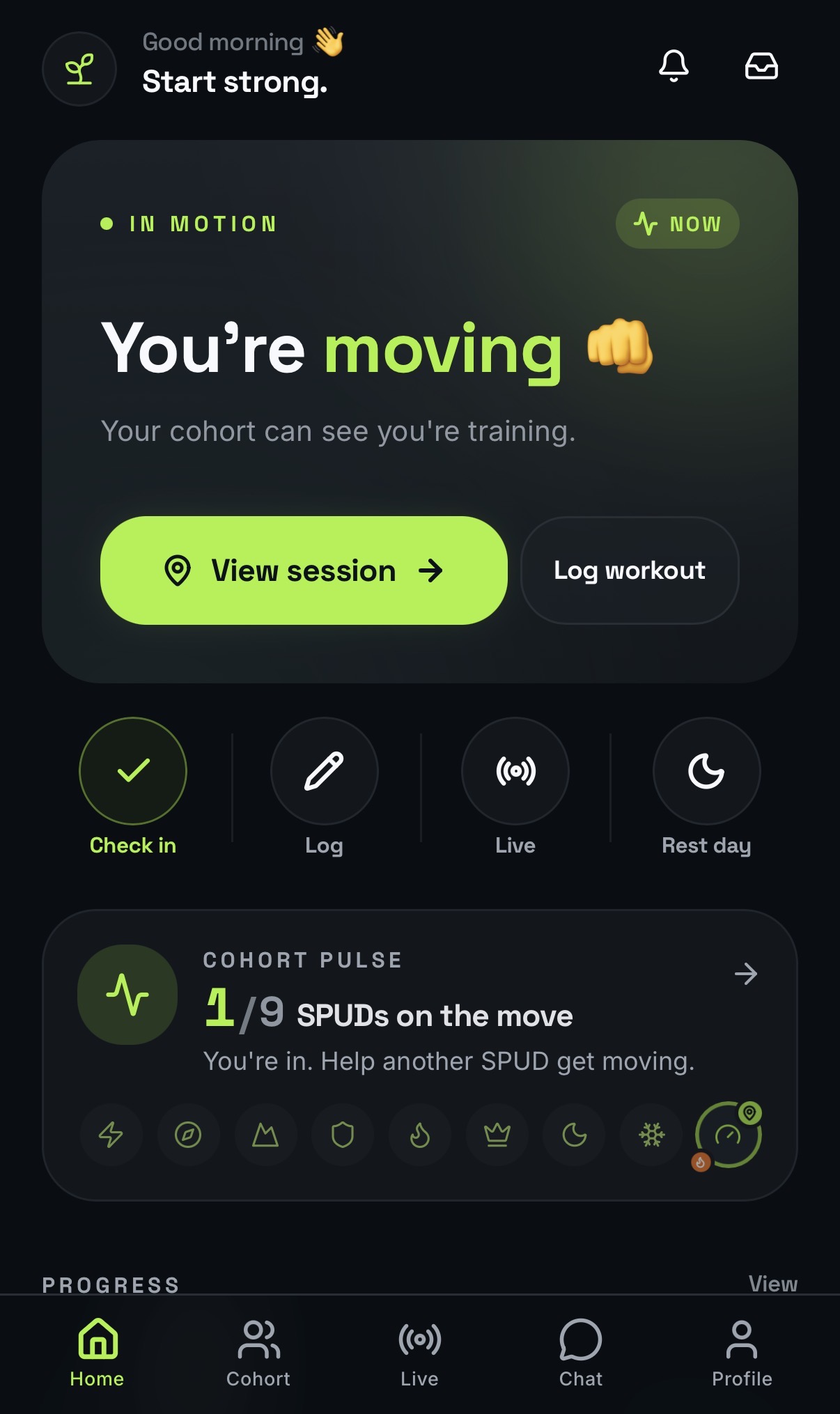 SPUD home screen showing You're moving and Cohort Pulse